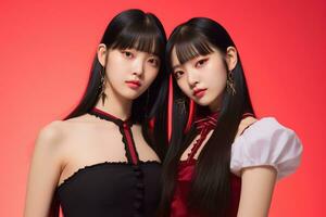 portrait de deux magnifique asiatique femmes dans noir robe sur rouge Contexte ai généré photo