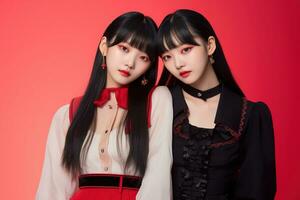 portrait de deux magnifique asiatique femmes dans noir robe sur rouge Contexte ai généré photo