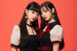 portrait de deux magnifique asiatique femmes dans noir robe sur rouge Contexte ai généré photo