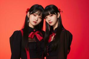 portrait de deux magnifique asiatique femmes dans noir robe sur rouge Contexte ai généré photo