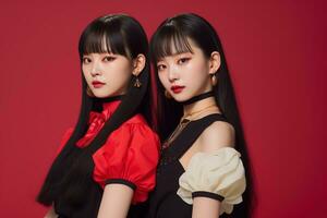 portrait de deux magnifique asiatique femmes dans noir robe sur rouge Contexte ai généré photo