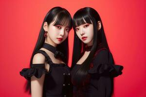 portrait de deux magnifique asiatique femmes dans noir robe sur rouge Contexte ai généré photo