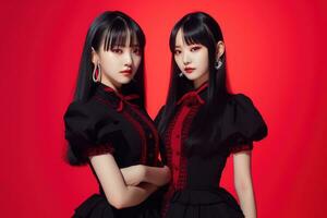 portrait de deux magnifique asiatique femmes dans noir robe sur rouge Contexte ai généré photo