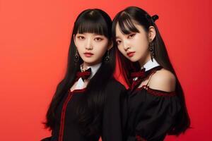 portrait de deux magnifique asiatique femmes dans noir robe sur rouge Contexte ai généré photo