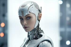 portrait de une robot dans une blanc futuriste intérieur, artificiel intelligence concept ai généré photo