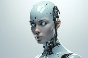 portrait de une robot dans une blanc futuriste intérieur, artificiel intelligence concept ai généré photo