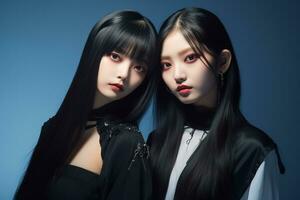 portrait de deux magnifique asiatique femmes dans mode tenues sur bleu Contexte ai généré photo