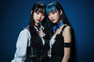 portrait de deux magnifique asiatique femmes dans mode tenues sur bleu Contexte ai généré photo