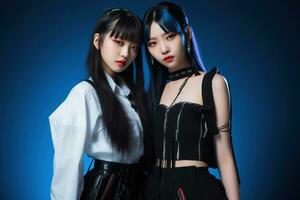 portrait de deux magnifique asiatique femmes dans mode tenues sur bleu Contexte ai généré photo