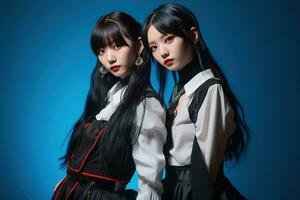 portrait de deux magnifique asiatique femmes dans mode tenues sur bleu Contexte ai généré photo