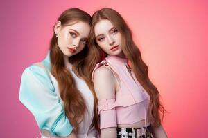 portrait de deux magnifique les filles dans le studio sur une rose Contexte ai généré photo