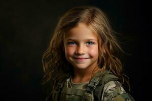 portrait de une peu fille dans une militaire uniforme. studio tir. ai généré photo