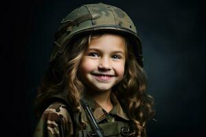 portrait de une peu fille dans une militaire uniforme. studio tir. ai généré photo