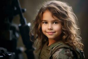 portrait de une peu fille dans une militaire uniforme. studio tir. ai généré photo