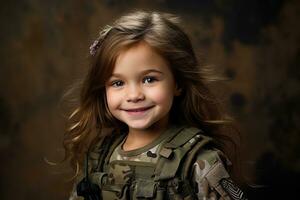 portrait de une peu fille dans une militaire uniforme. studio tir. ai généré photo