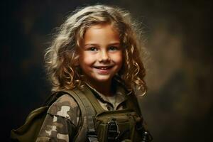 portrait de une peu fille dans une militaire uniforme. studio tir. ai généré photo