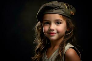 portrait de une peu fille dans une militaire uniforme. studio tir. ai généré photo