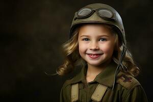 portrait de une peu fille dans une militaire uniforme. studio tir. ai généré photo