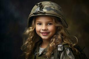 portrait de une peu fille dans une militaire uniforme. studio tir. ai généré photo