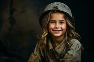 portrait de une peu fille dans une militaire uniforme. studio tir. ai généré photo