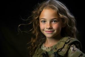 portrait de une peu fille dans une militaire uniforme. studio tir. ai généré photo