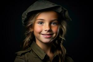 portrait de une peu fille dans une militaire uniforme. studio tir. ai généré photo