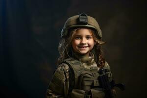 portrait de une peu fille dans une militaire uniforme. studio tir. ai généré photo