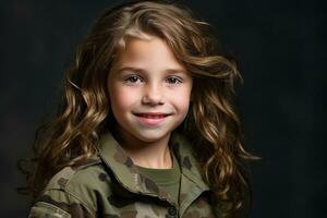 portrait de une peu fille dans une militaire uniforme. studio tir. ai généré photo