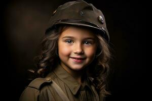 portrait de une peu fille dans une militaire uniforme. studio tir. ai généré photo