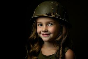 portrait de une peu fille dans une militaire uniforme. studio tir. ai généré photo