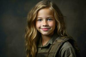 portrait de une peu fille dans une militaire uniforme. studio tir. ai généré photo