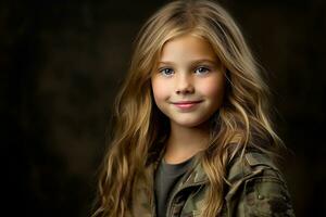 portrait de une peu fille dans une militaire uniforme. studio tir. ai généré photo