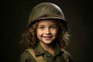 portrait de une peu fille dans une militaire uniforme. studio tir. ai généré photo