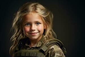 portrait de une peu fille dans une militaire uniforme. studio tir. ai généré photo