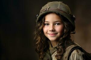 portrait de une peu fille dans une militaire uniforme. studio tir. ai généré photo