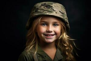 portrait de une peu fille dans une militaire uniforme. studio tir. ai généré photo