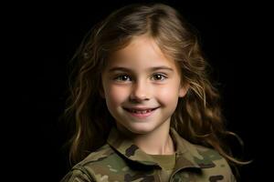 portrait de une peu fille dans une militaire uniforme. studio tir. ai généré photo