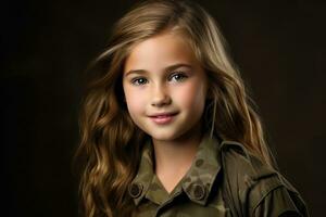 portrait de une peu fille dans une militaire uniforme. studio tir. ai généré photo