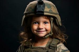 portrait de une peu fille dans une militaire uniforme. studio tir. ai généré photo