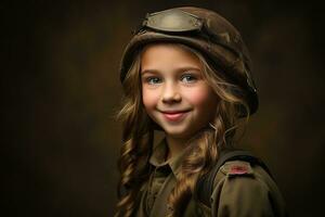 portrait de une peu fille dans une militaire uniforme. studio tir. ai généré photo