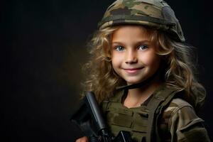 portrait de une peu fille dans une militaire uniforme. studio tir. ai généré photo