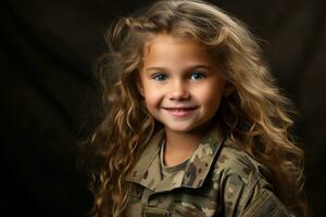 portrait de une peu fille dans une militaire uniforme. studio tir. ai généré photo