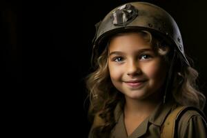 portrait de une peu fille dans une militaire uniforme. studio tir. ai généré photo