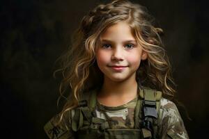 portrait de une peu fille dans une militaire uniforme. studio tir. ai généré photo