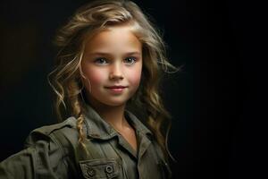 portrait de une peu fille dans une militaire uniforme. studio tir. ai généré photo