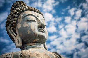 Bouddha statue avec bleu ciel et des nuages Contexte ai généré photo