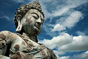 Bouddha statue avec bleu ciel et des nuages Contexte ai généré photo