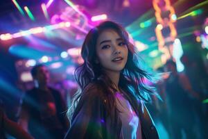 portrait de une magnifique Jeune asiatique femme avec longue cheveux dans nuit club ai généré photo