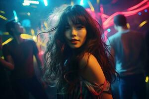 portrait de une magnifique Jeune asiatique femme avec longue cheveux dans nuit club ai généré photo