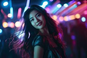 portrait de une magnifique Jeune asiatique femme avec longue cheveux dans nuit club ai généré photo